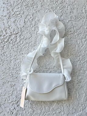 Badgley Mischka White Sophia ruffle strap satin shoulder bag